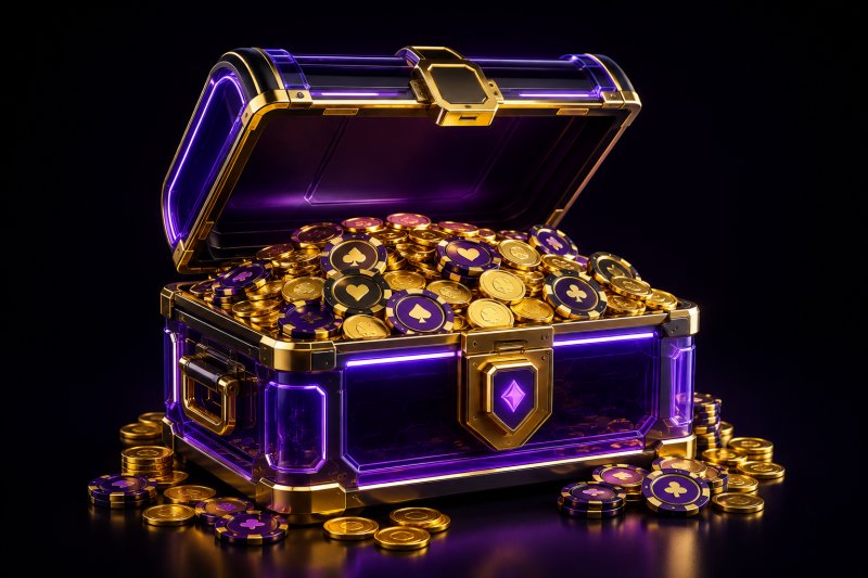 Treasure chest full of gold coins and casino chips